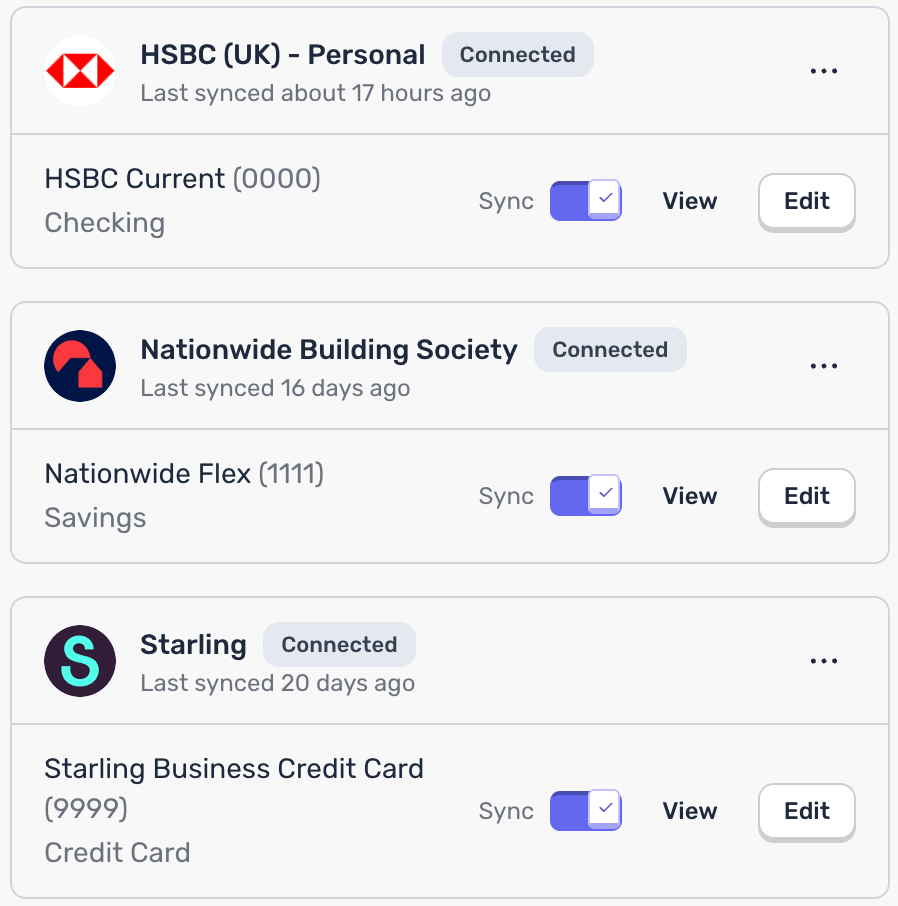Connected bank accounts showing HSBC, Nationwide, and Starling with sync status