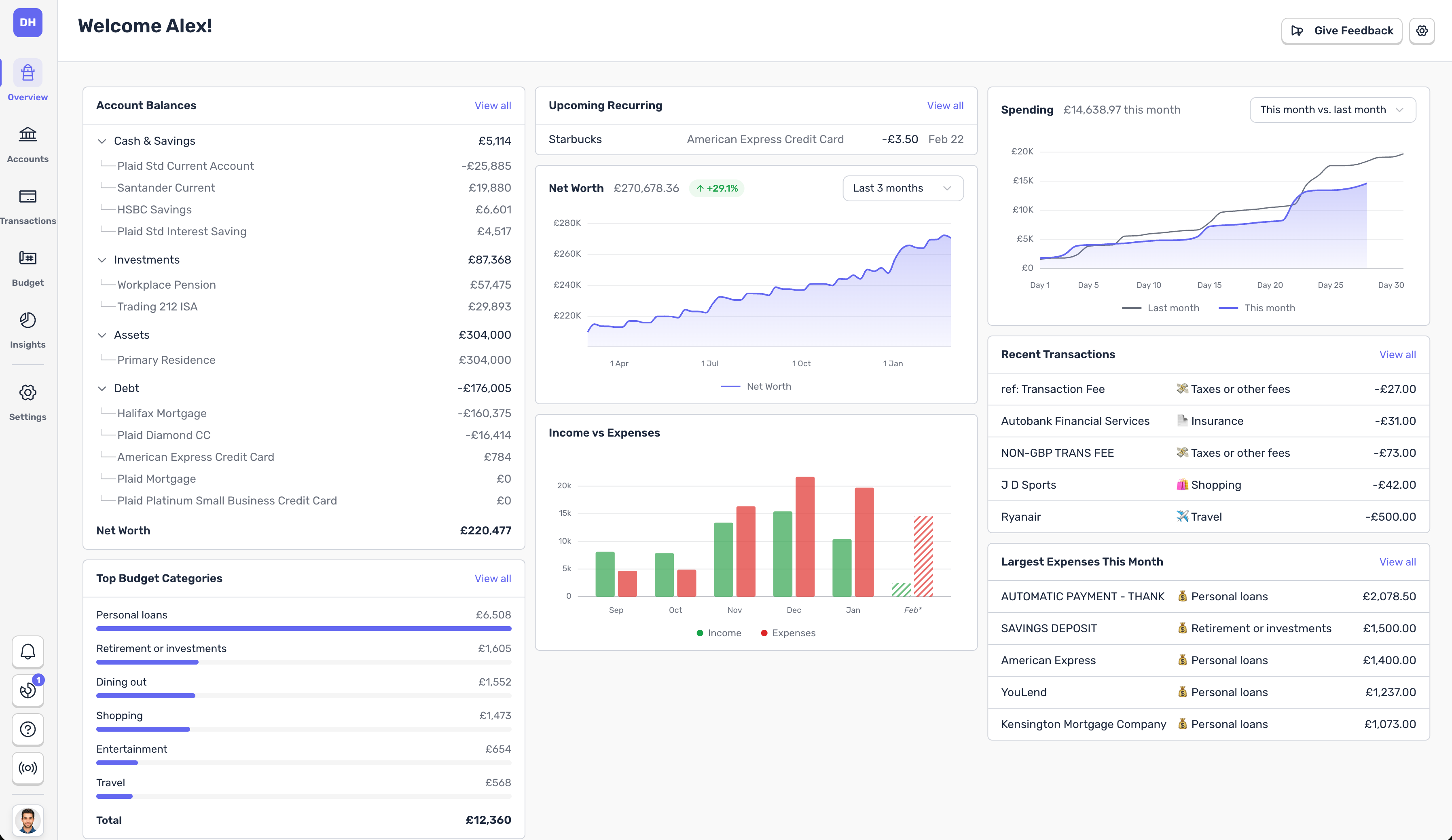 Plutus dashboard showing account balances, net worth chart, spending breakdown, and recent transactions